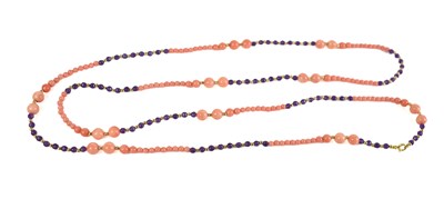 Lot 153 - A 9ct gold, coral and amethyst beaded necklace,...