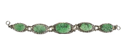 Lot 3 - A Chinese white metal and jade pearl bracelet,...