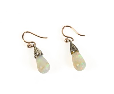 Lot 155 - A pair of opal pear drop, silver and gold...