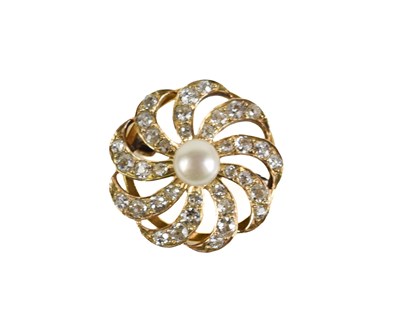 Lot 249 - A gold, diamond and pearl brooch, swirl design...