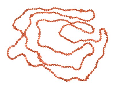 Lot 129 - A vintage coral beaded necklace, 160cm long, 47g.