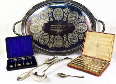 Lot 380 - A large silver plated serving tray with twin...