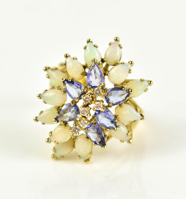Lot 181 - A 9ct gold, diamond, amethyst and opal cluster...