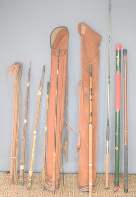 Lot 77 - A group of antique split cane fishing rods,...
