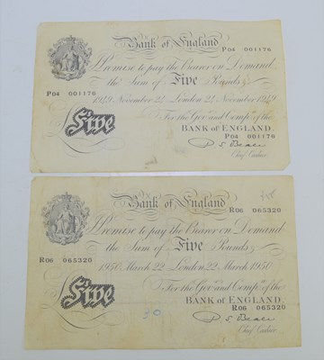 Lot 139 - Two £5 white fiver banknotes, Percival Spencer...