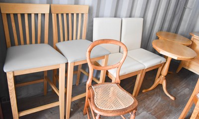 Lot 238 - Two tall beech kitchen chairs, two linen...