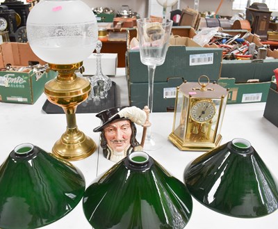 Lot 54 - A brass paraffin lamp with glass shade, a...
