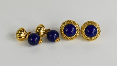 Lot 25 - A pair of 18ct gold and lapiz lazuli drop...