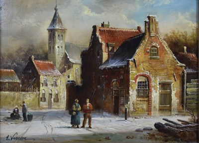Lot 450 - E Vernon (20th century): Dutch snowy townscape,...